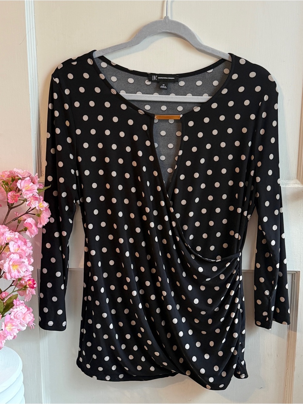 INC International Concepts Polka Dot Draped Blouse in Black & Pink Size Medium